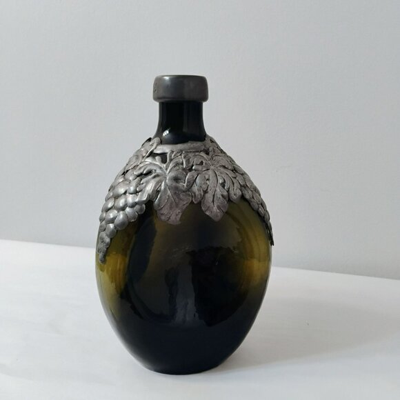 Antique Danish Topnoe Pewter Overlay & Green Glass Decanter Bottle No Stopper - Picture 3 of 8